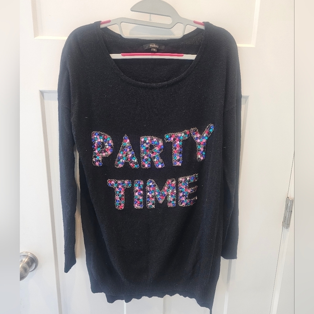 Millau Black Sequin “Party Time” Sweater Size S – Holiday Statement Tunic